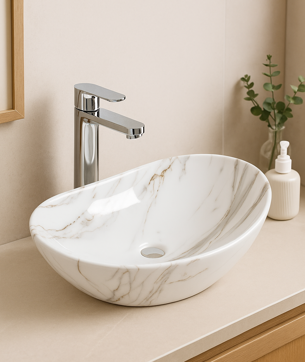 【Basin 333 Pattern 07】 – Glossy White Marble Finish, 525×325×160mm, Above-Counter Basin