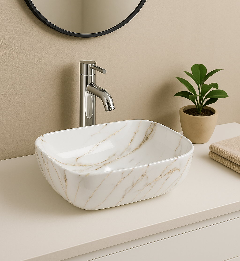 【Basin 8215-P07 Glossy】White Marble with Golden Veining Rectangular Basin (460×320×140mm)