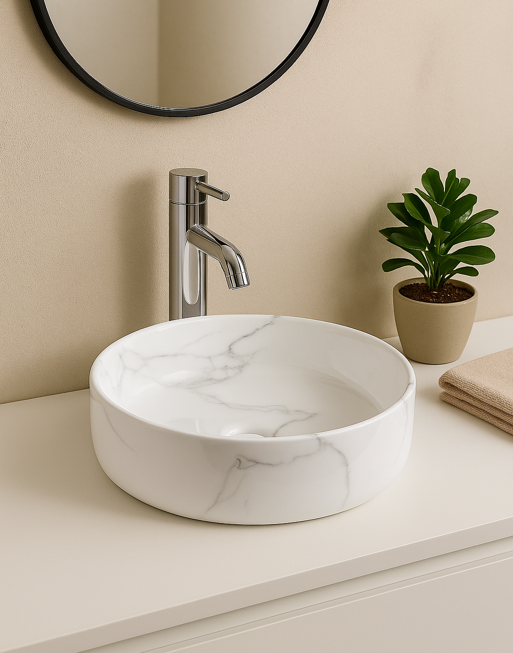 【Basin 3612-P17 Glossy】 White Marble with Subtle Grey Veining Round Basin, 360×360×120mm
