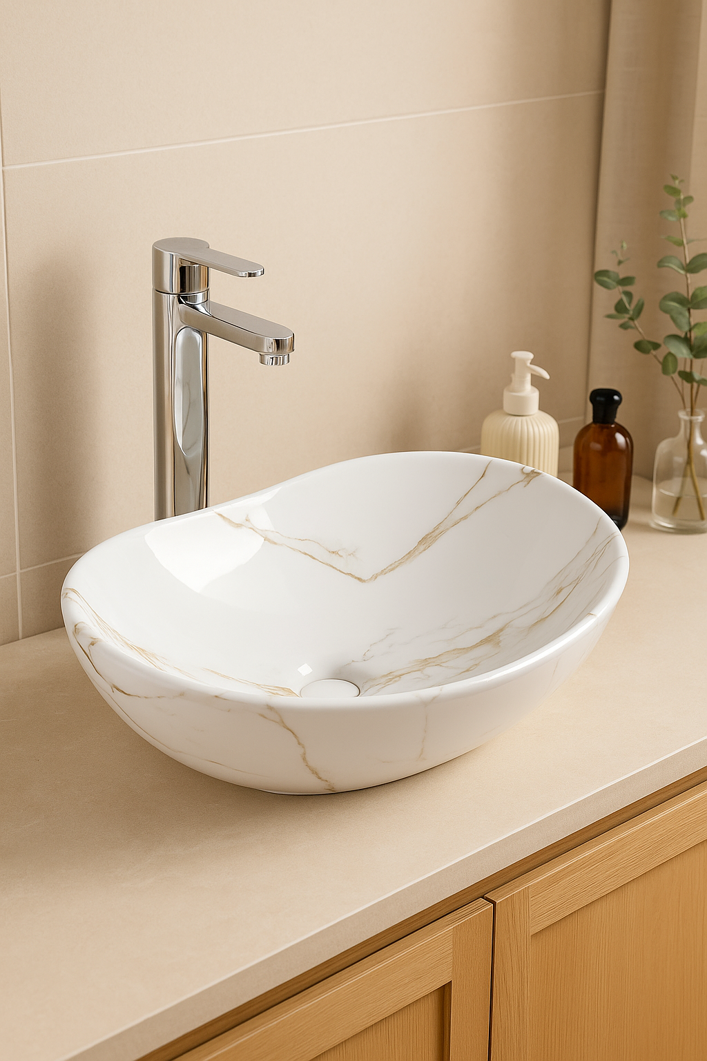 【Basin 333 Pattern 01 】– Glossy Marble Finish, 525×325×160mm, Above-Counter Basin