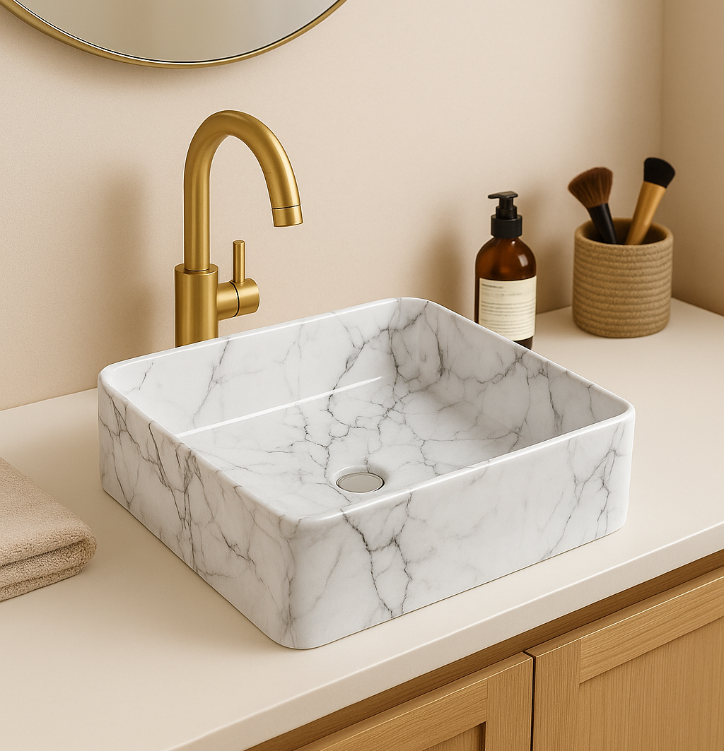 【Basin 488-37 Pattern 12】 Glossy Marble Finish, 370×370×120mm, Above Counter Basin