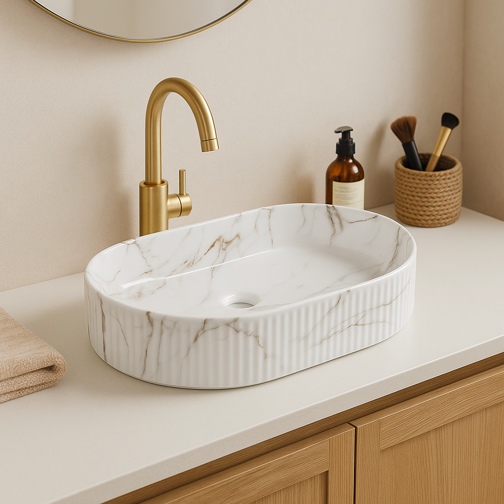 【Basin 330 Pattern 07】 – Glossy Marble Pattern, 580×365×120mm, Above-Counter Basin