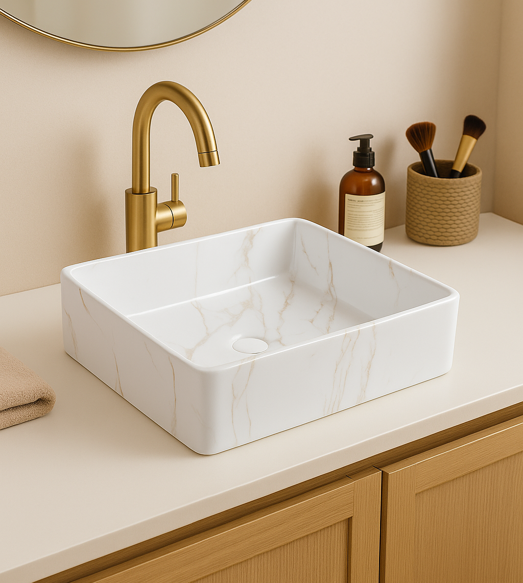 【Basin 488-37 Pattern 01】 Glossy Marble Finish, 370×370×120mm, Above Counter Basin
