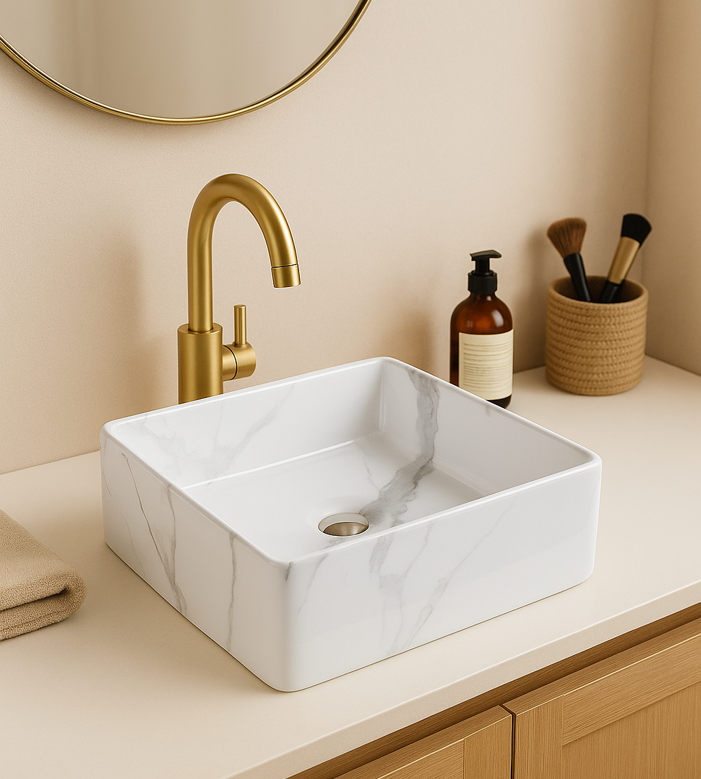 【Basin 488-37 Pattern 17】Glossy Marble Finish, 370×370×120mm, Above Counter Basin