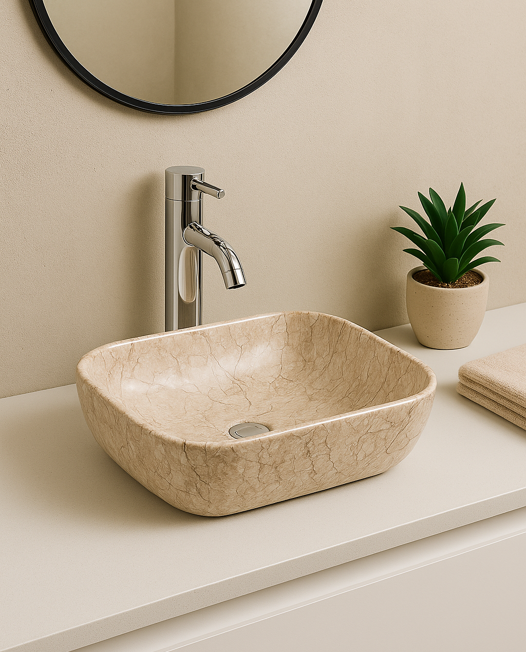 【Basin 8215-P04】Glossy Beige Marble Finish, 460×320×140mm, Above Counter Basin