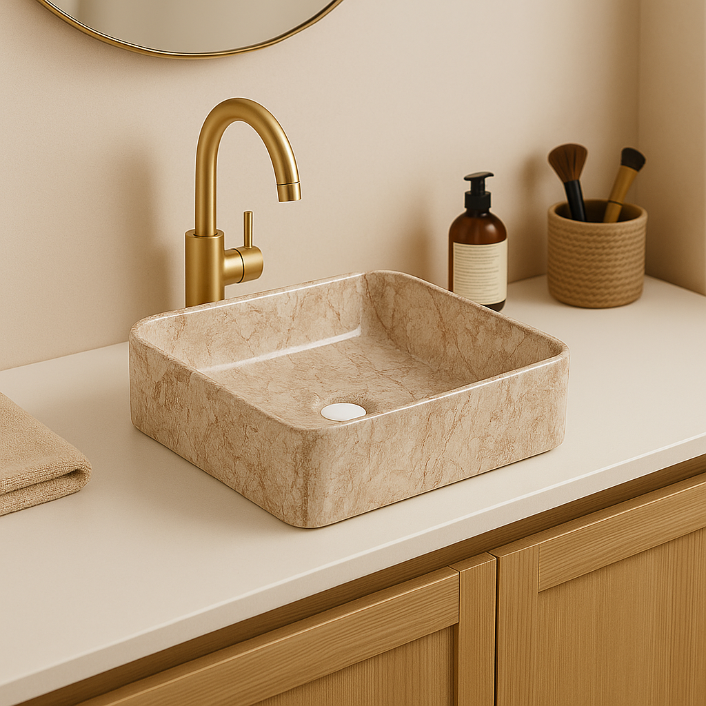 【Basin 488-37 Pattern 04】 Glossy Marble Finish, 370×370×120mm, Above Counter Basin