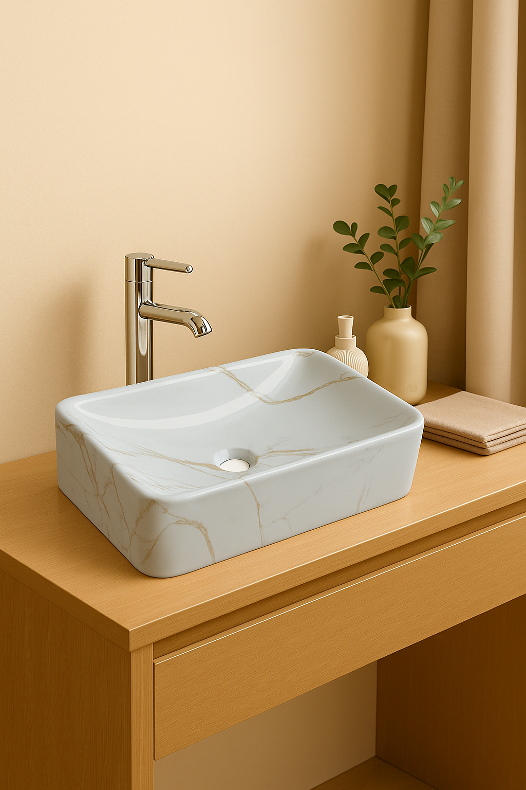 【Basin 408 Pattern 01】 – Glossy Marble Finish, 490×300×125mm, Above-Counter Basin