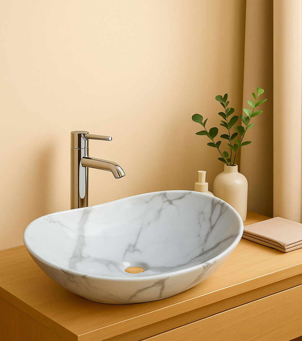 【Basin 333 Pattern 17 】– Glossy Marble Design, 525×325×160mm, Above-Counter Basin