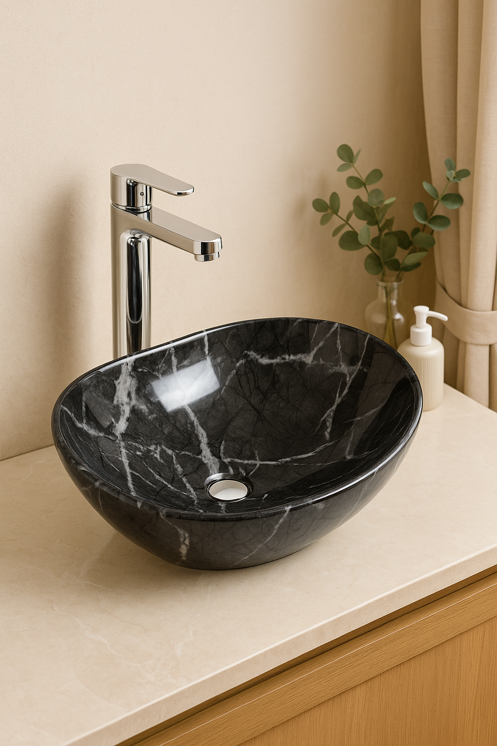 【Basin 333 Pattern 05】 – Glossy Black Marble Finish, 525×325×160mm, Above-Counter Basin