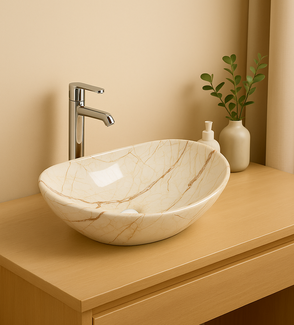 【Basin 333 Pattern 14】 – Glossy Beige Marble Finish, 525×325×160mm, Above-Counter Basin