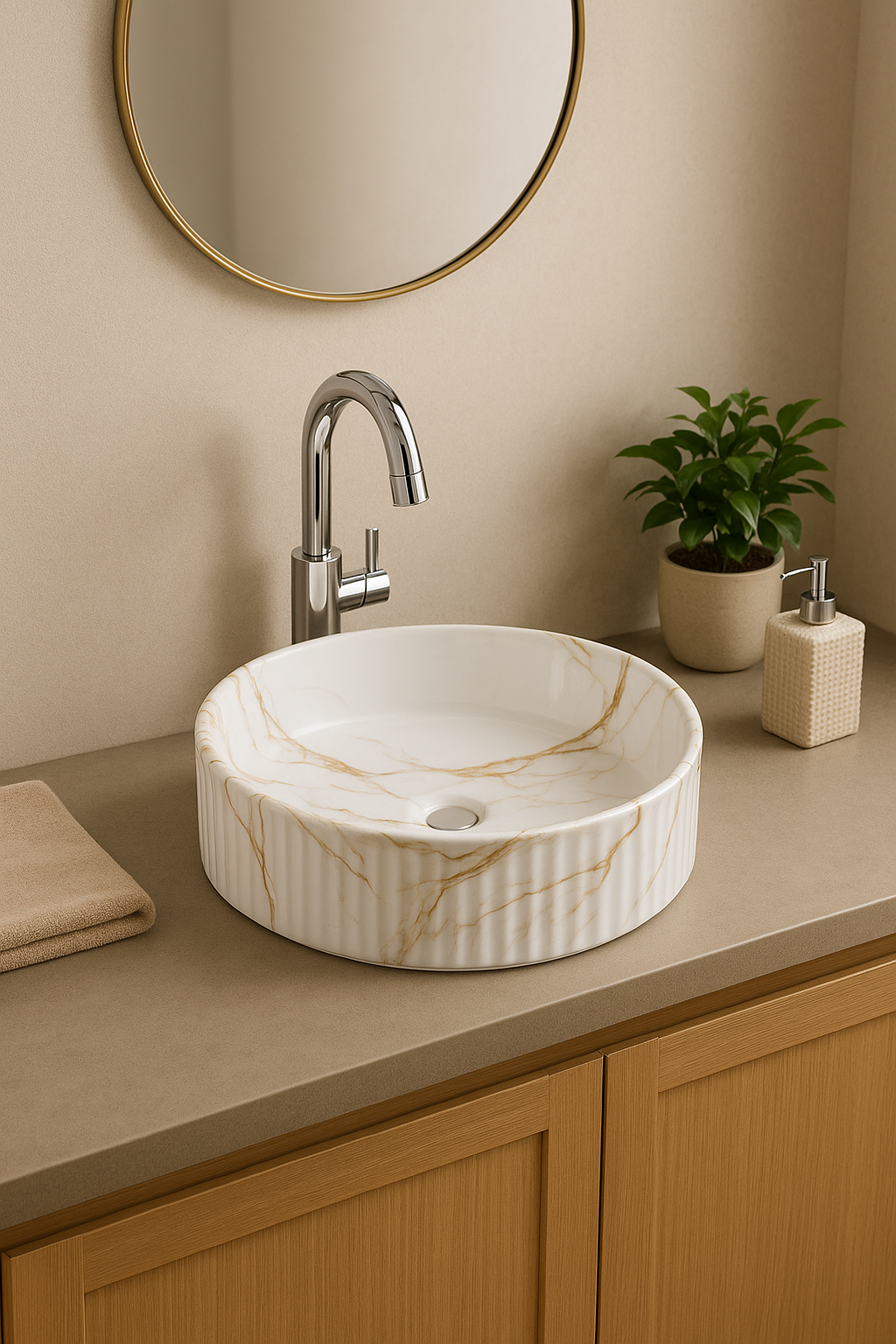 【Basin 499-40D Pattern 01】 Glossy Marble Finish, 400×400×125mm, Above Counter Basin
