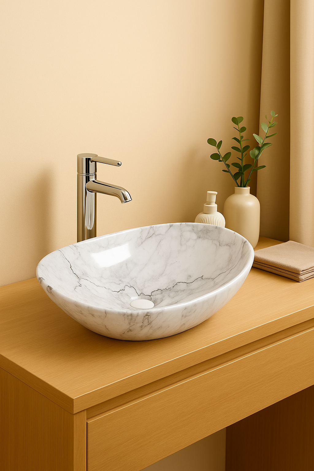 【Basin 333 Pattern 12】 – Glossy White Marble Finish, 525×325×160mm, Above-Counter Basin