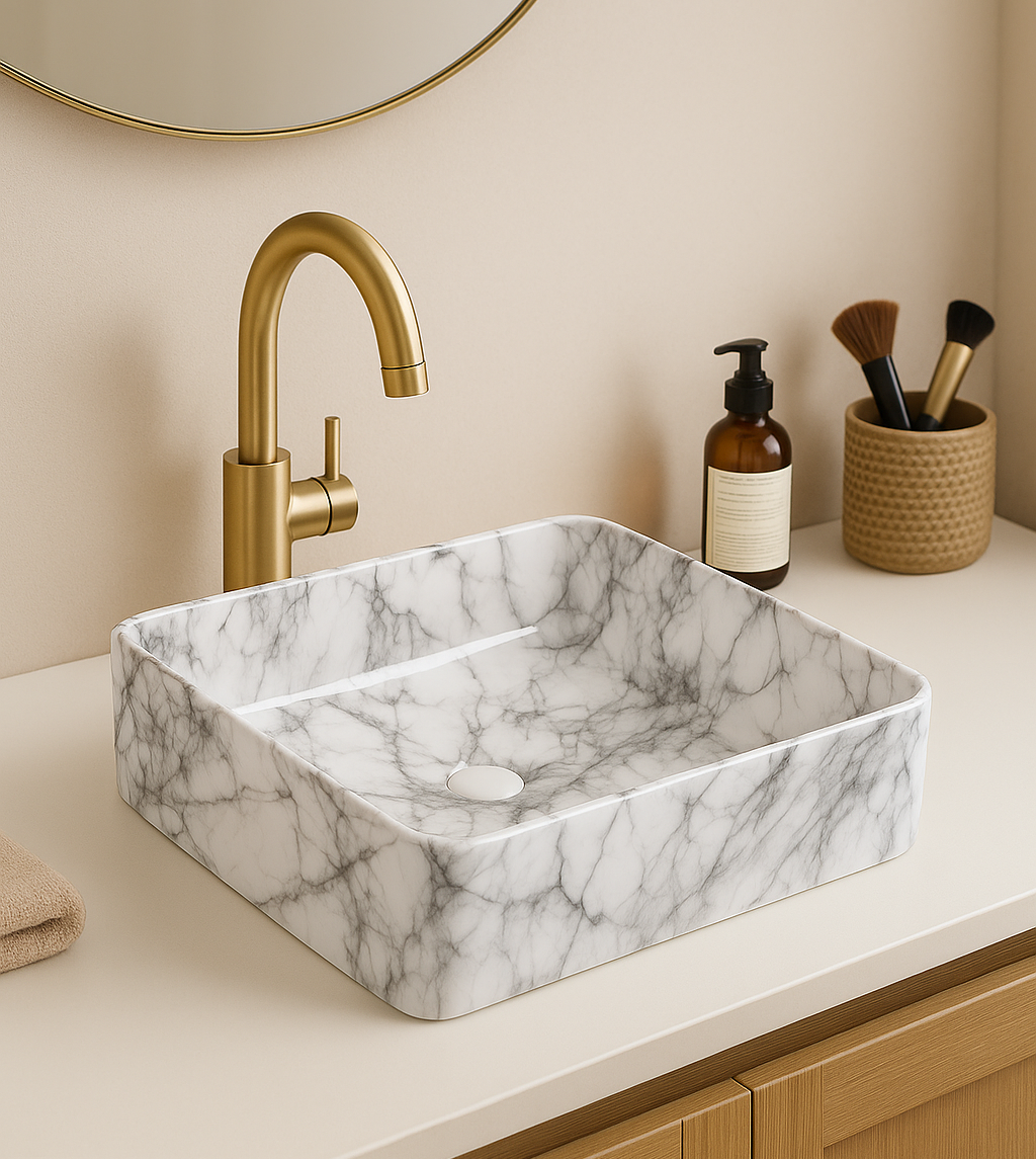 【Basin 488-37 Pattern 08】 Glossy Marble Finish, 370×370×120mm, Above Counter Basin