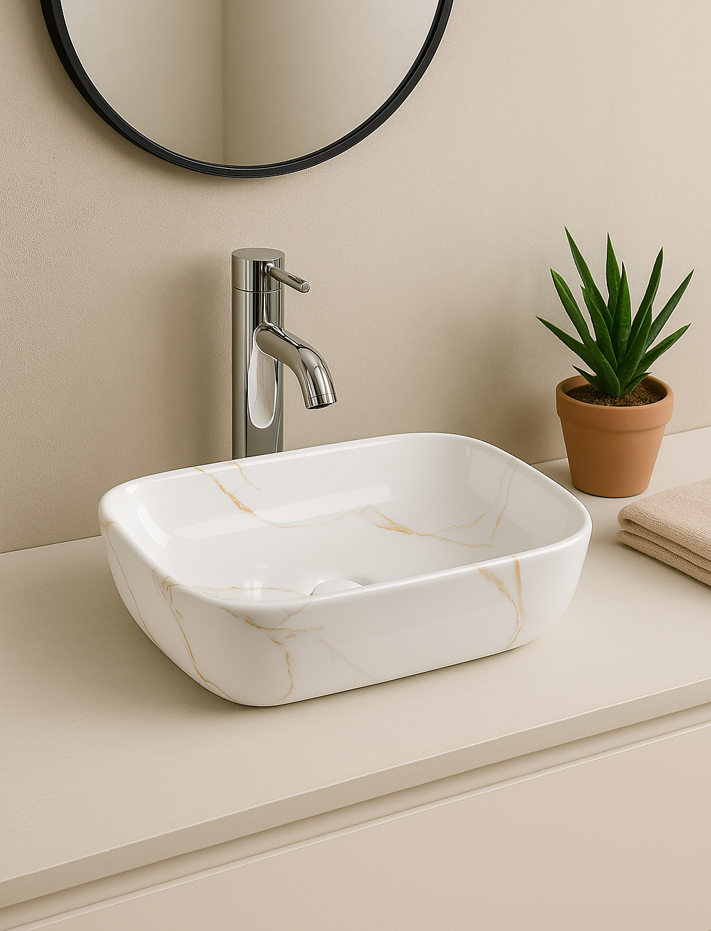 【Basin 8215-P01 Glossy】 White Marble with veining, 460×320×140mm, Above Counter Basin