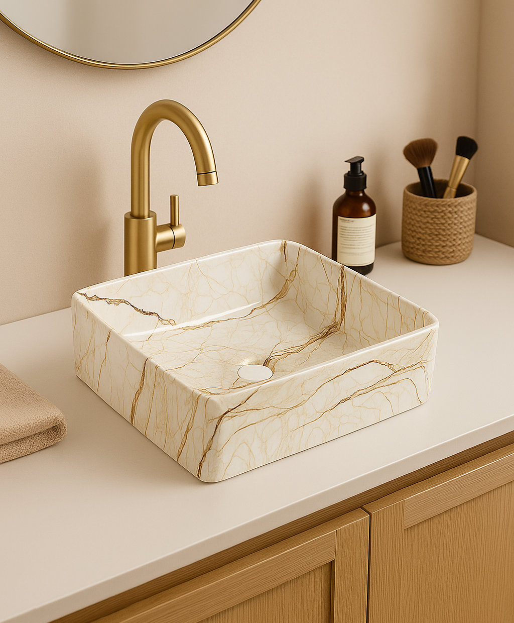 【Basin 488-37 Pattern 14】 Glossy Marble Finish, 370×370×120mm, Above Counter Basin