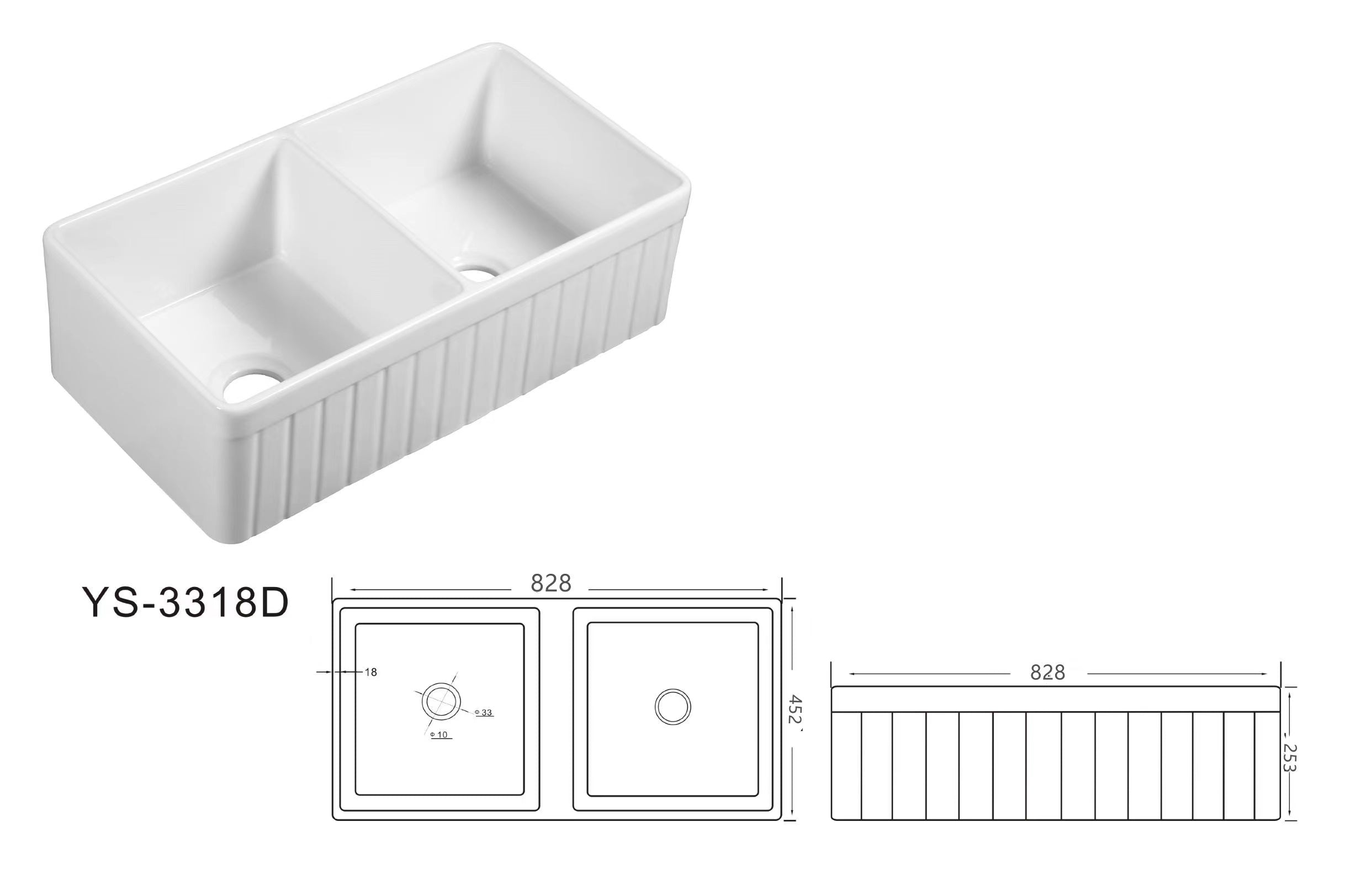 BISTONE 828X452X253mm Butler Farmhouse Fireclay Kitchen Laundry Sink 3318D