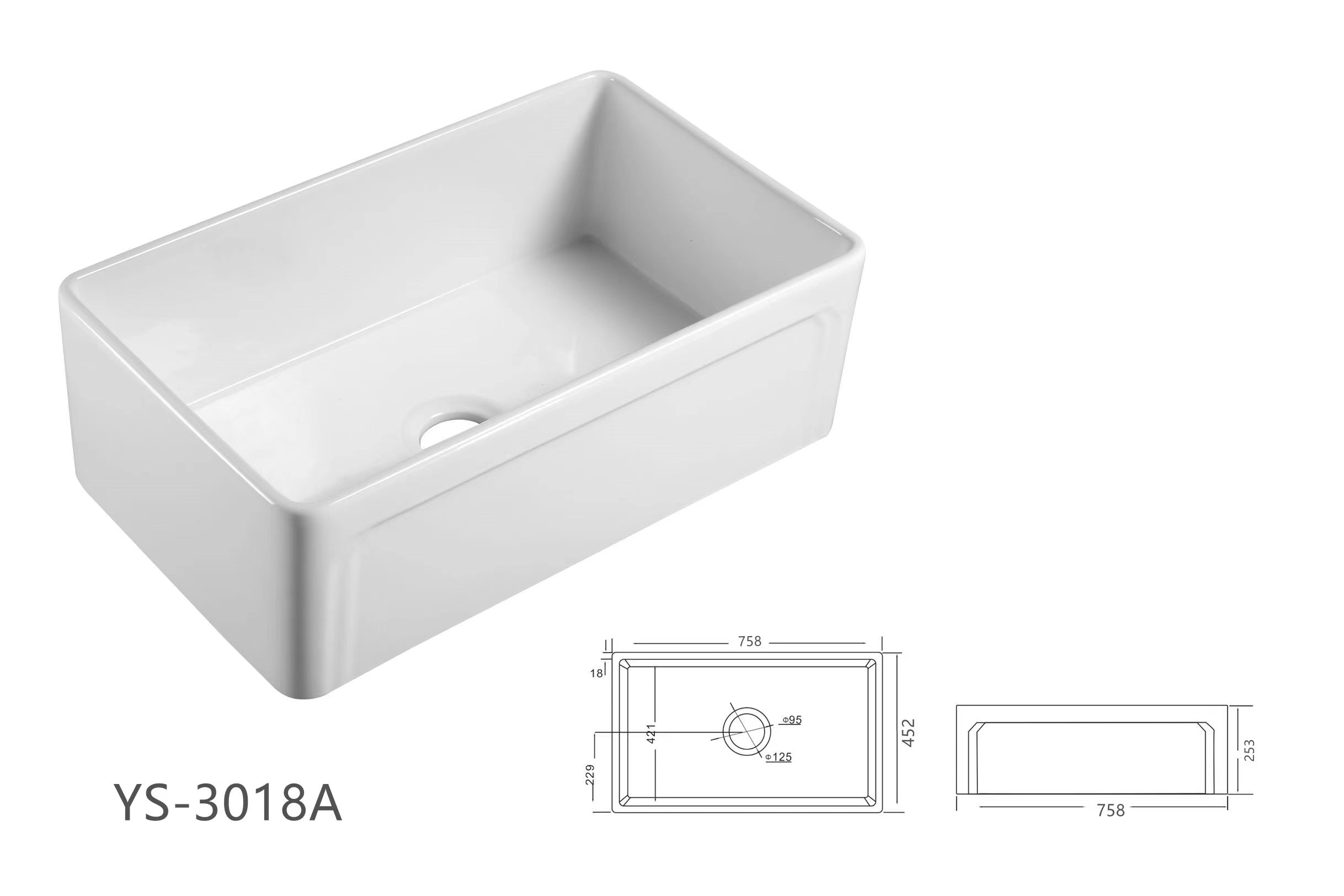 BISTONE 758*452*253mm Butler Farmhouse Fireclay Kitchen Laundry Sink 3018A