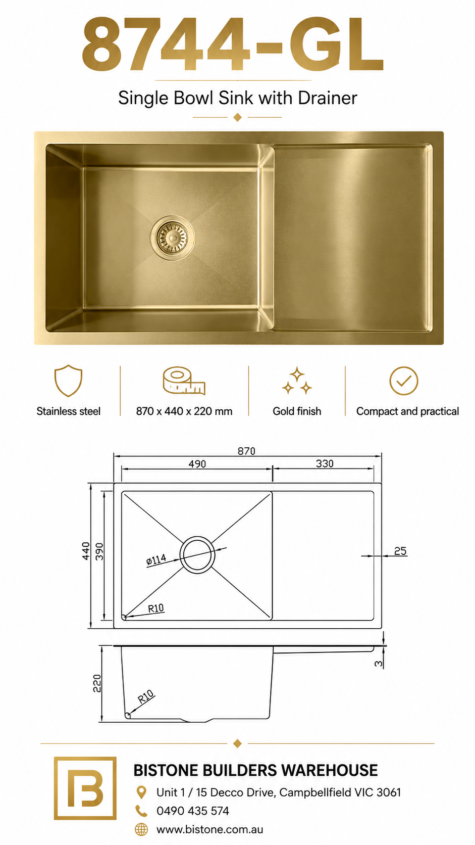 8744-GL Stainless Steel Sink with Right Drainer