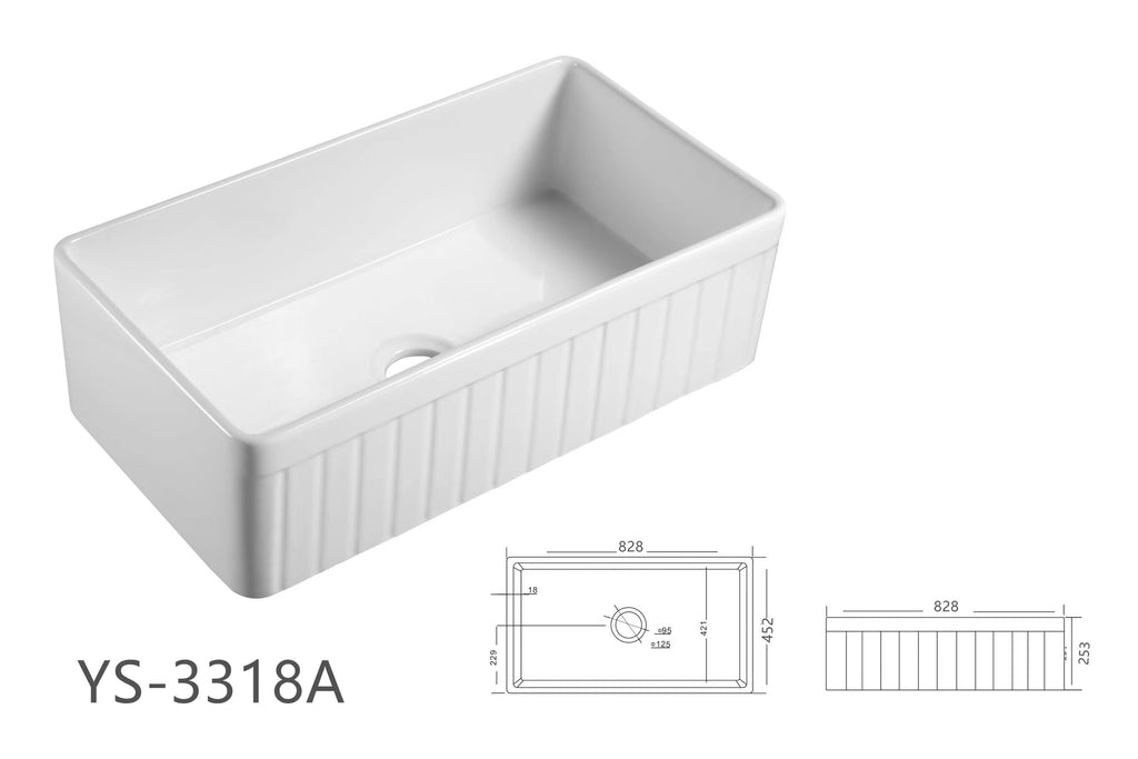 BISTONE 828X452X253mm Butler Farmhouse Fireclay Kitchen Laundry Sink 3318