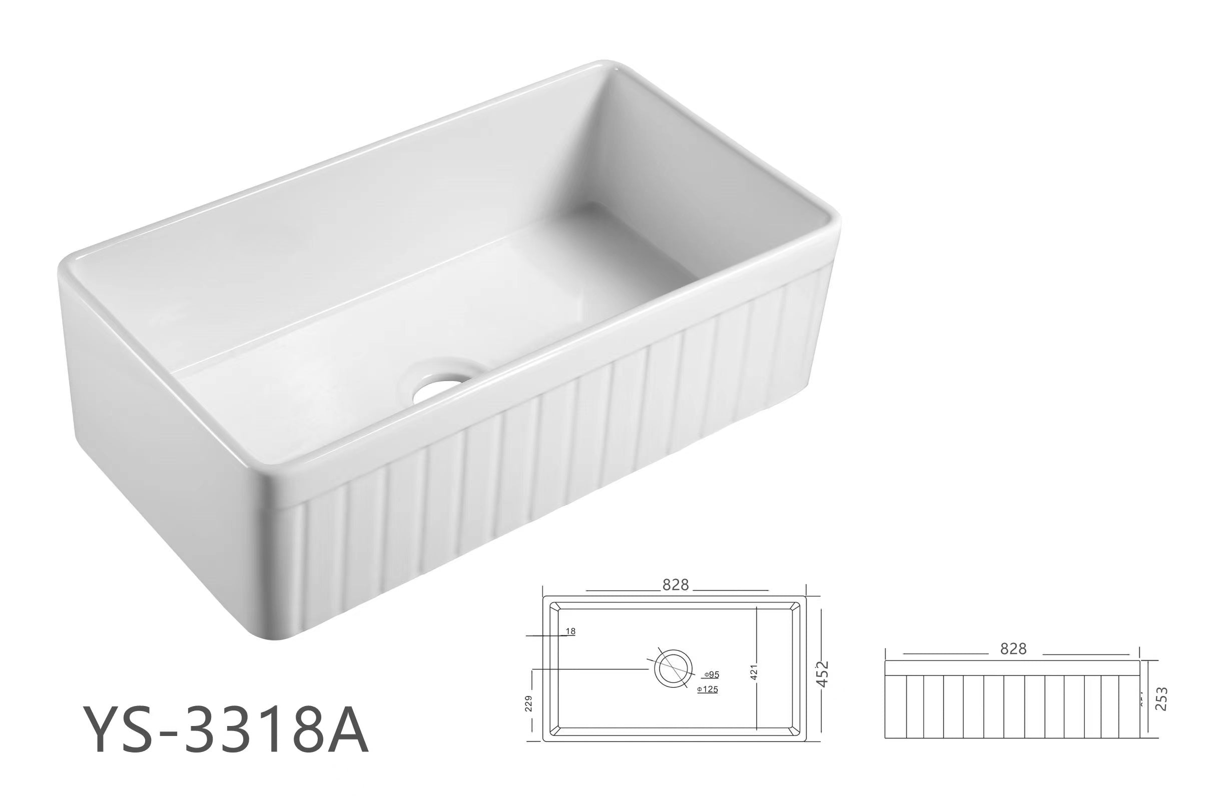 BISTONE 828X452X253mm Butler Farmhouse Fireclay Kitchen Laundry Sink 3318
