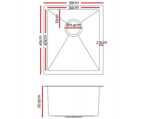 Stainless Steel Kitchen Sink 390X450MM Under/Topmount Sinks Laundry Bowl Silver